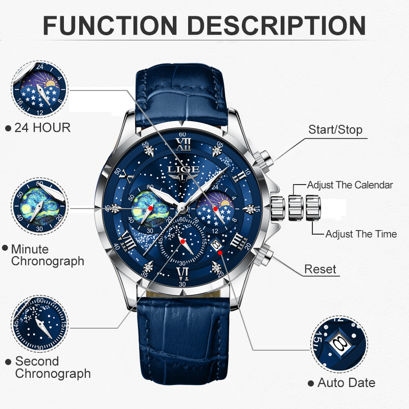 Reloj LIGE de Cuero Azul para  - Smartwatch Sports Watches For Men reseña y precio